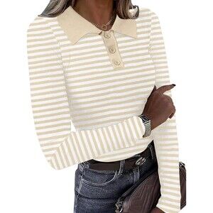 Womens Lightweight Sweaters Crewneck Long Sleeve Knit Pullover Striped Button XL